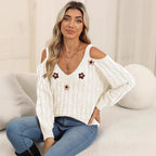 Women off the Shoulder Strap Sweater Crocheted Three Dimensional Decoration Deep V Plunge Twist Woven Cover Sweater