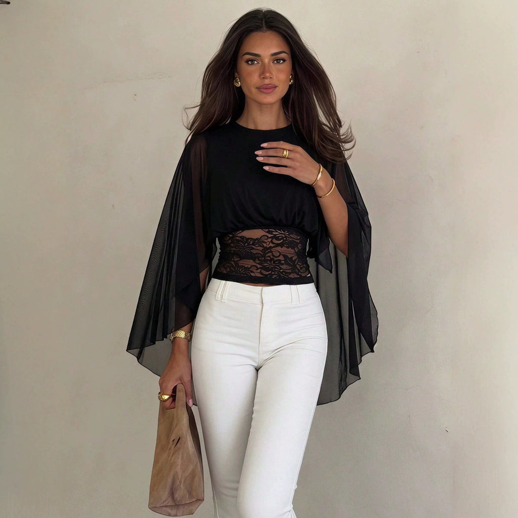Women's Autumn Round Neck Mesh Cape Sleeve Elegant Waist Lace Stitching Shirt