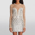 Pearl Heavy Industry Beads Sequ Long Sleeve Mesh Dress
