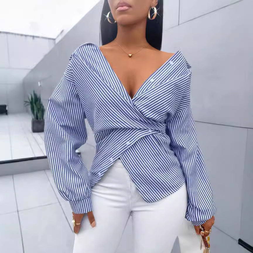 Women's Striped Long Sleeve Button-Up Shirt