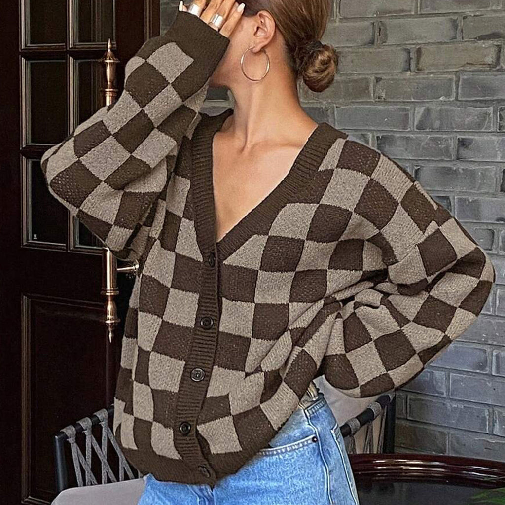 Women Checkered Knitted Cardigan Autumn Winter Loose V neck