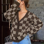 Women Checkered Knitted Cardigan Autumn Winter Loose V neck