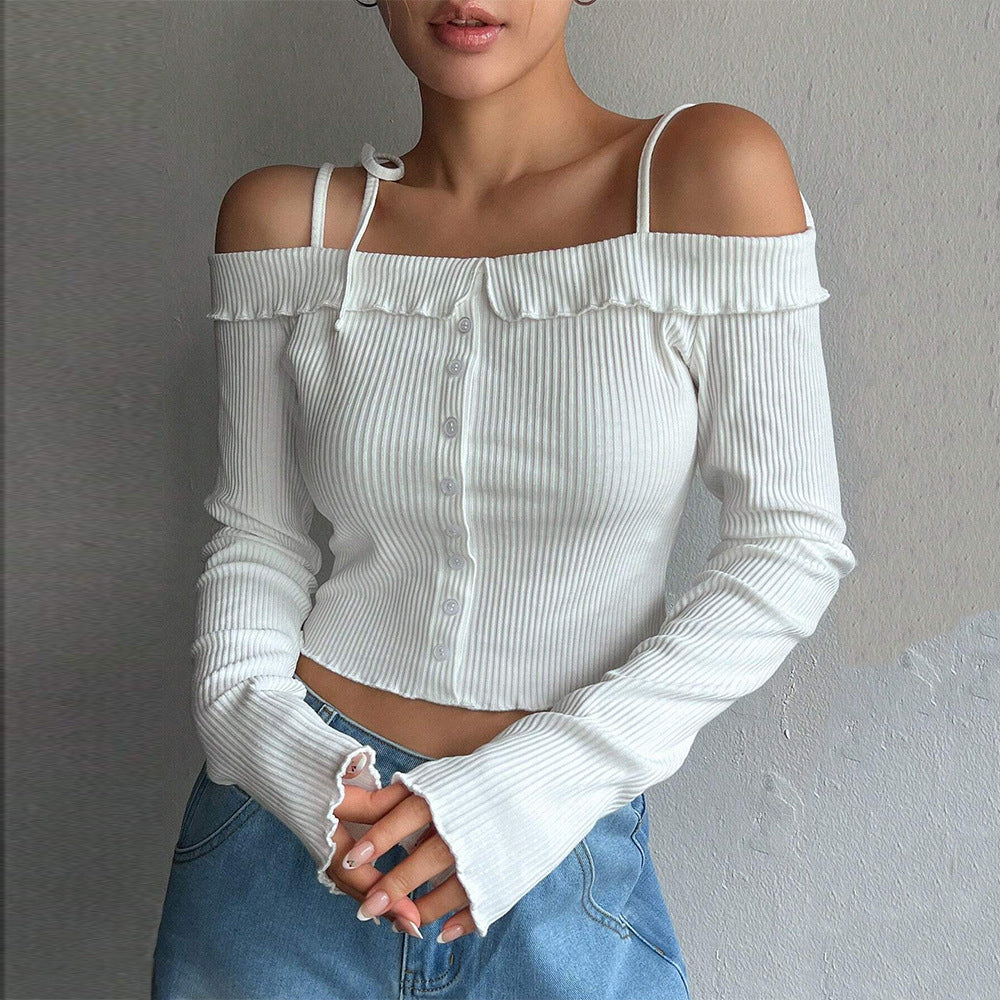 Women’s White Ruffle Tie Strap Cropped Camisole