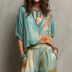Women's Printed V-Neck Top & Wide-Leg Pants Set