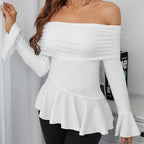 Women’s White Ruffle Off Shoulder Boat Neck Top