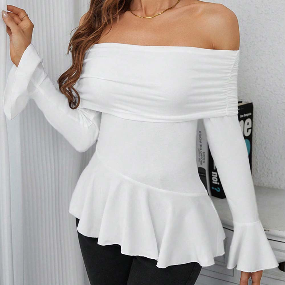 Women’s White Ruffle Off Shoulder Boat Neck Top