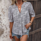 Women's Summer Women Clothing Short Sleeve Stand Collar Color Matching Shirt For Women