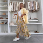 Summer Mesh Lemon Printing Elastic Waist Large Swing Skirt