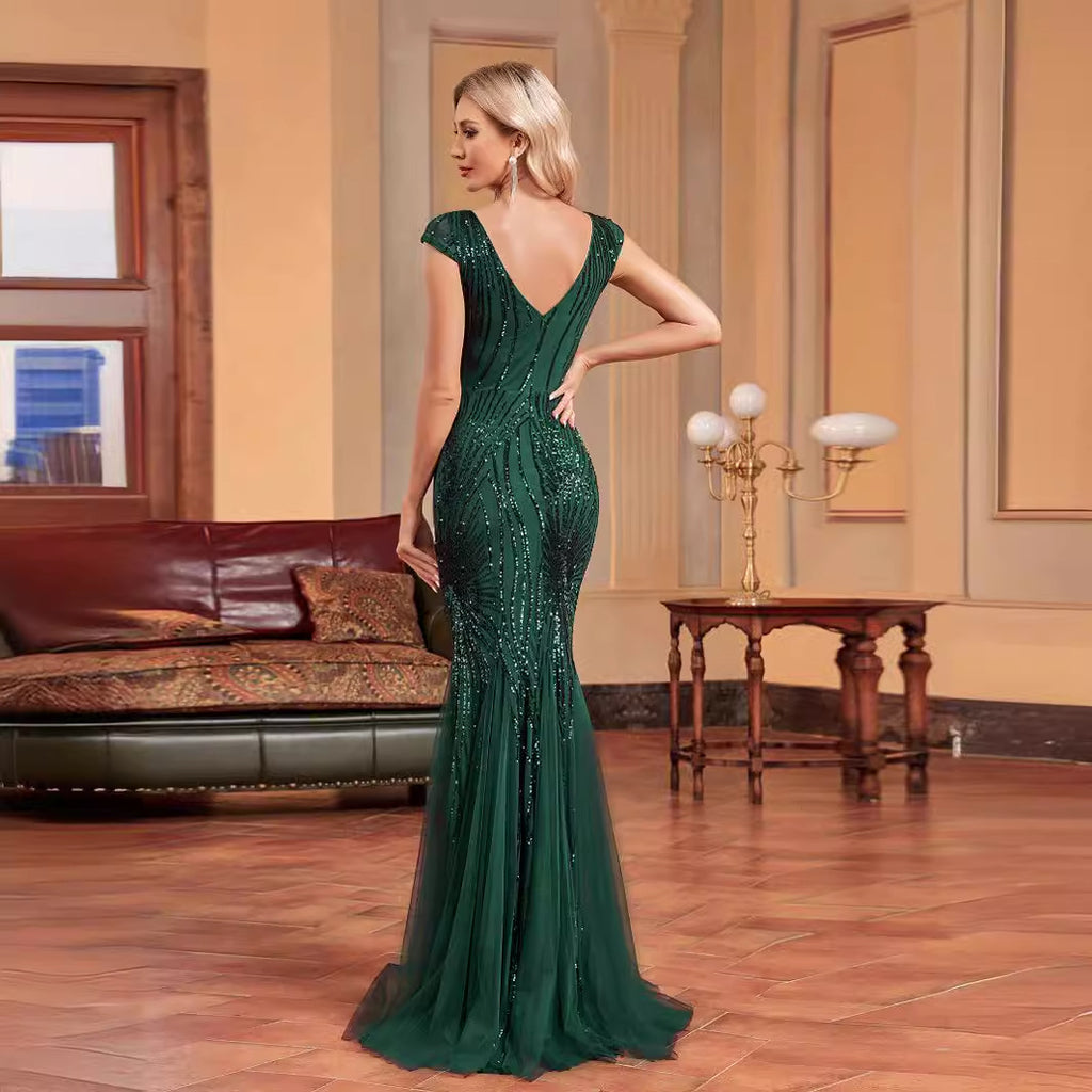 Women's V-Neck Sequin Backless Fishtail Maxi Dress