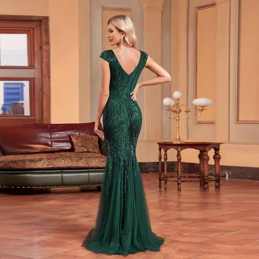 Women's V-Neck Sequin Backless Fishtail Maxi Dress