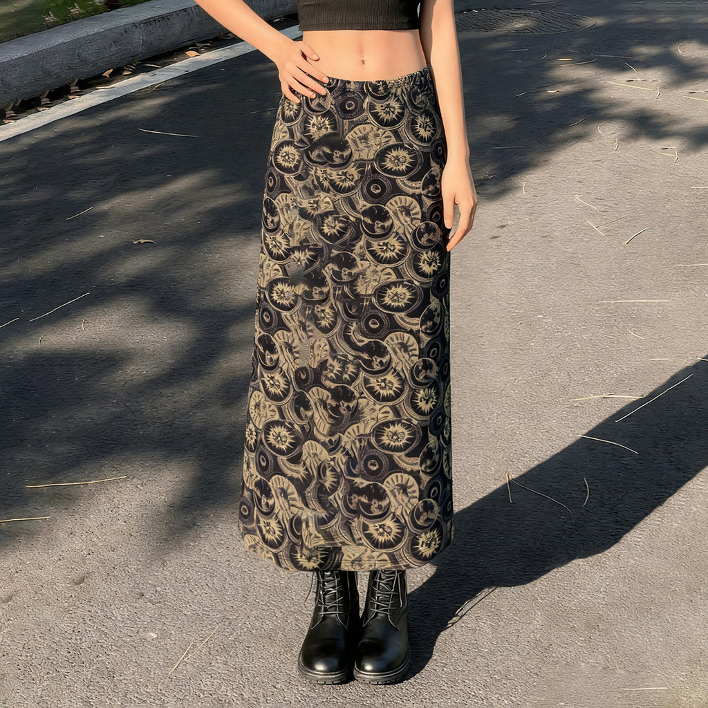 Ethnic Print Distressed Retro High Waist Cover Spring Skirt