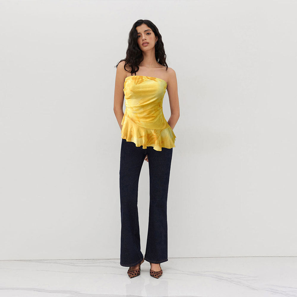 Women's Women’s Yellow Tie Dye Strapless Ruffle Top