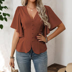 Women's Deep V Neck Solid Color Single Breasted Waist Short Sleeved