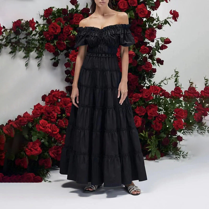 Women's Sexy Off Shoulder Summer Ruffled Collar Puff Sleeve Long Wing Dress Women