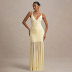 Women's V-Neck Mesh Ruched Maxi Dress