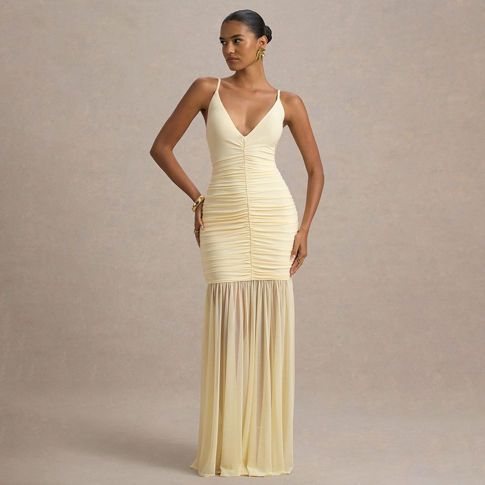 Women's V-Neck Mesh Ruched Maxi Dress