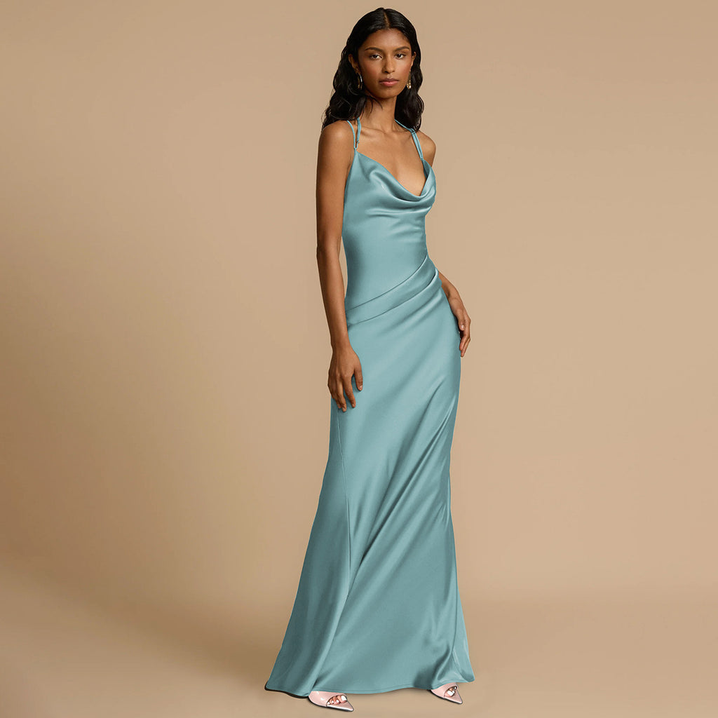 Women's Spring Summer Sexy Backless Evening Dress Solid Color Swing Collar Dress
