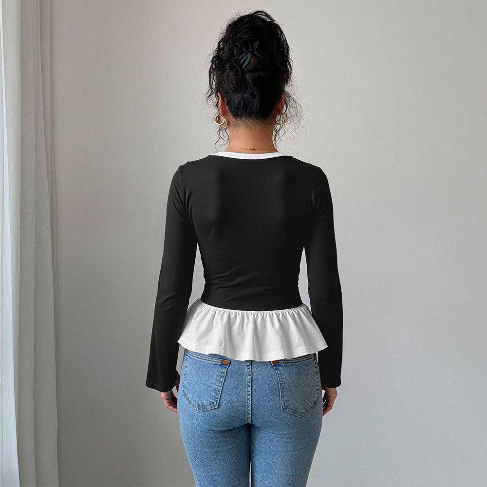 Women's Faux Two-Piece Lace Long-Sleeve Top