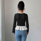 Women's Faux Two-Piece Lace Long-Sleeve Top