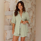 Women's Two-Piece Set Five Quarter Sleeve Striped Shirt Top Shorts Set
