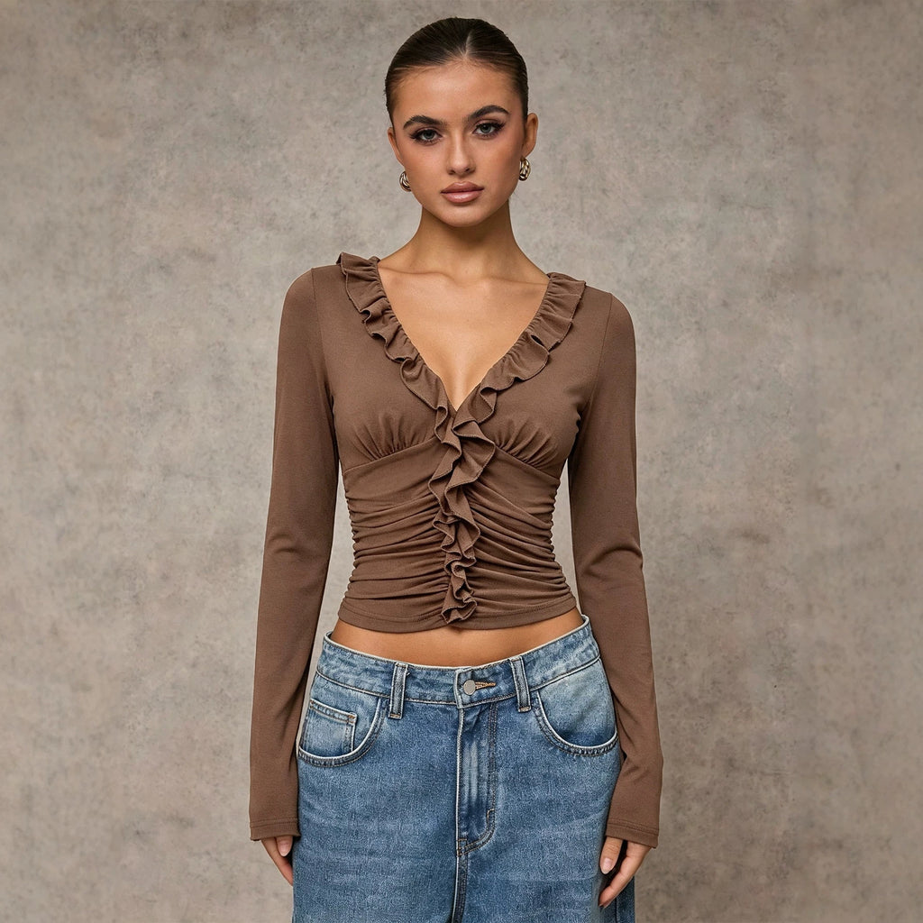 Women's Autumn Winter V Neck Ruffled T Shirt Women Pleated Nipped Waist Slimming Short Long Sleeve Bottoming Top