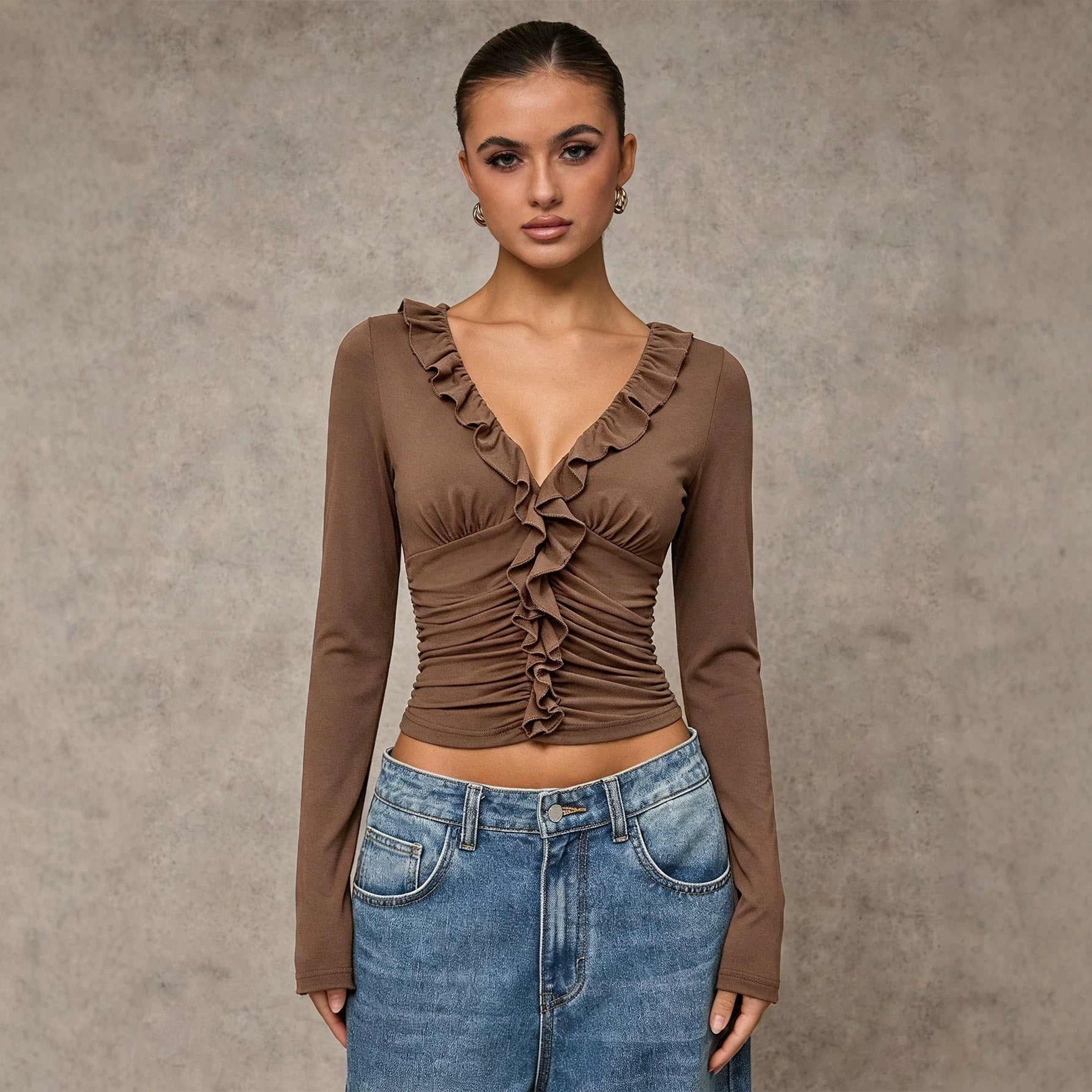 Women's Autumn Winter V Neck Ruffled T Shirt Women Pleated Nipped Waist Slimming Short Long Sleeve Bottoming Top
