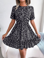Spring Summer New Casual Polka-Dot Cinched Ruffled Large Swing Dress Tiered