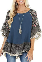 Women's Spring Summer Women Clothing Batwing Sleeve Color Blocking Leopard Floral Print Mid Length Sleeves T Shirt