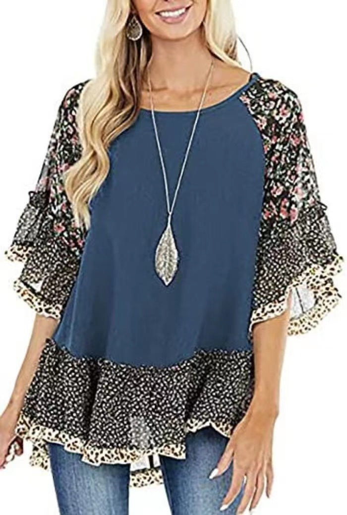 Women's Spring Summer Women Clothing Batwing Sleeve Color Blocking Leopard Floral Print Mid Length Sleeves T Shirt