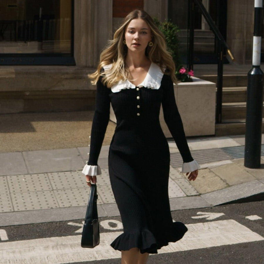 Peter-Pan-Collar Ruffle Button Long-Sleeve Knit Bodycon Maxi Dress