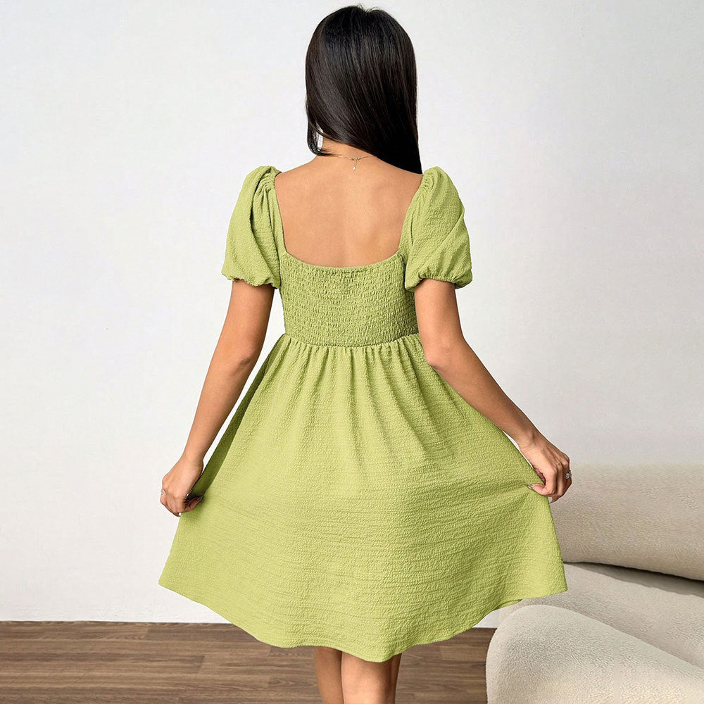 Women's Sexy Elegant Summer Square Collar Puff Sleeve Short Sleeve Waist Controlled Design Short Dress