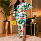 Plus Size Long Sleeve Curve Printed Side Drawstring Split Elastic