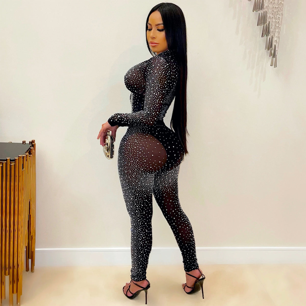 Women's Tight Mesh See-Through Long Top and Pants Two-Piece Set