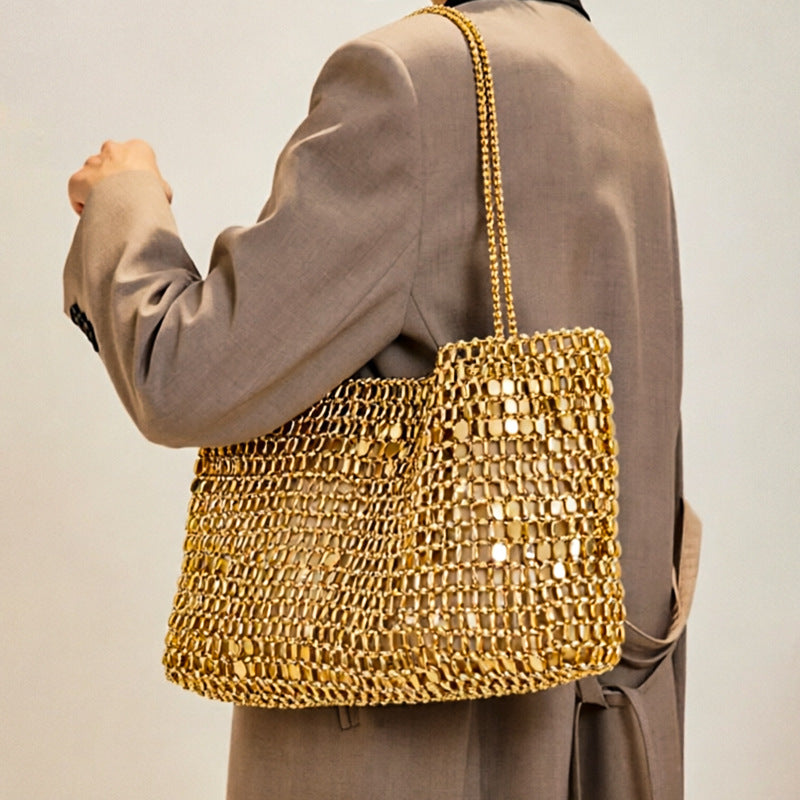 Gold Dinner Bag Handbag Handmade Beaded Woven Bag Shiny Acrylic Beads