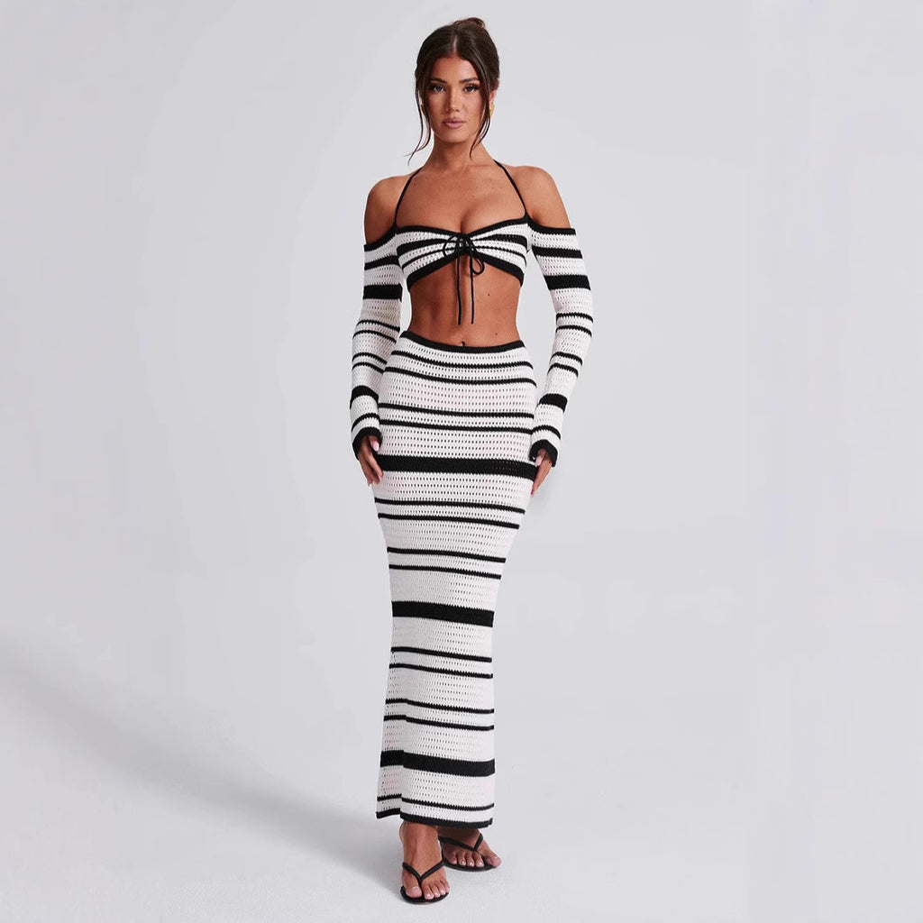 Women's Summer Striped Long Sleeve Halter Top Skirt Two-Piece Set For