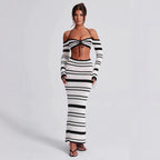 Women's Summer Striped Long Sleeve Halter Top Skirt Two-Piece Set For
