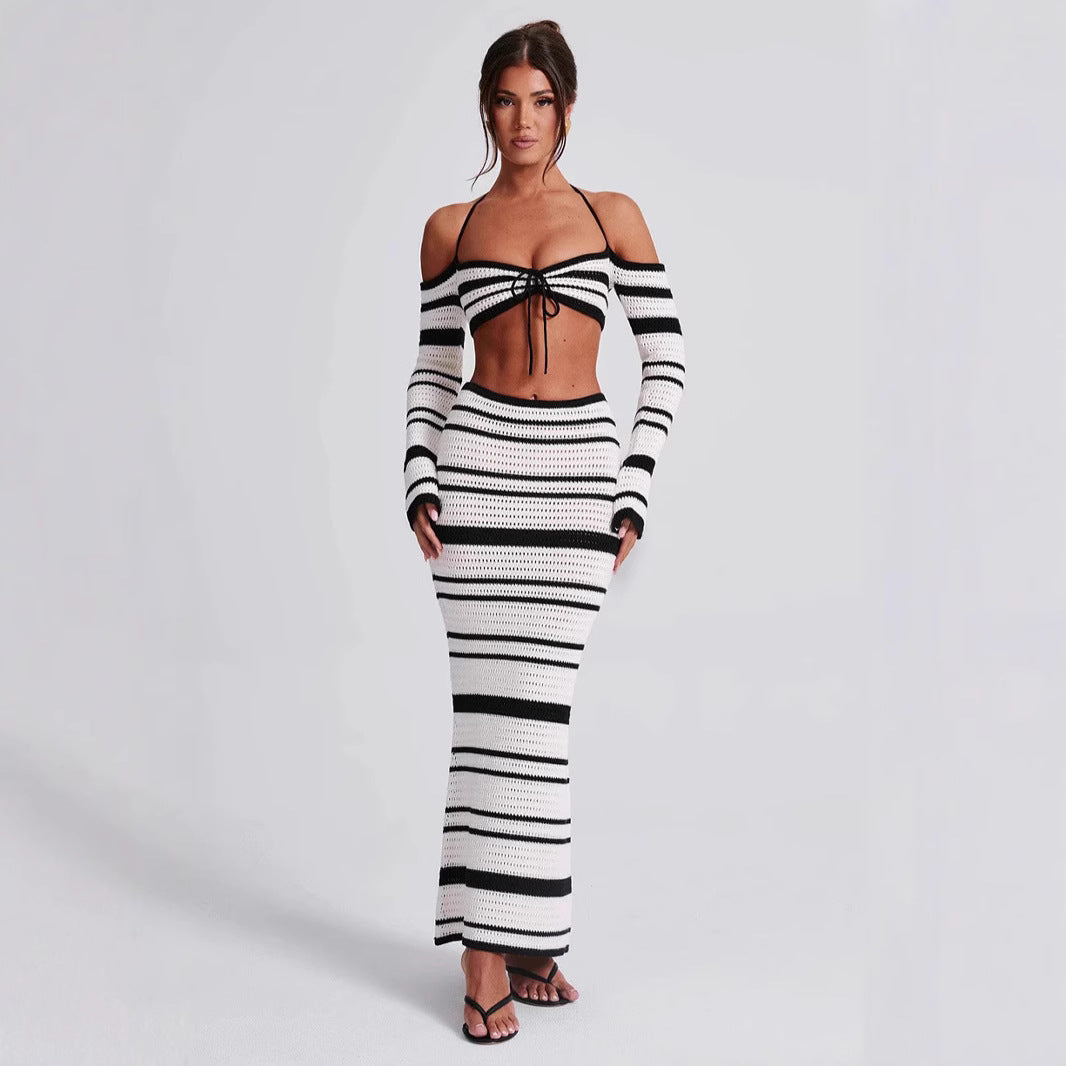Women's Summer Striped Long Sleeve Halter Top Skirt Two-Piece Set For
