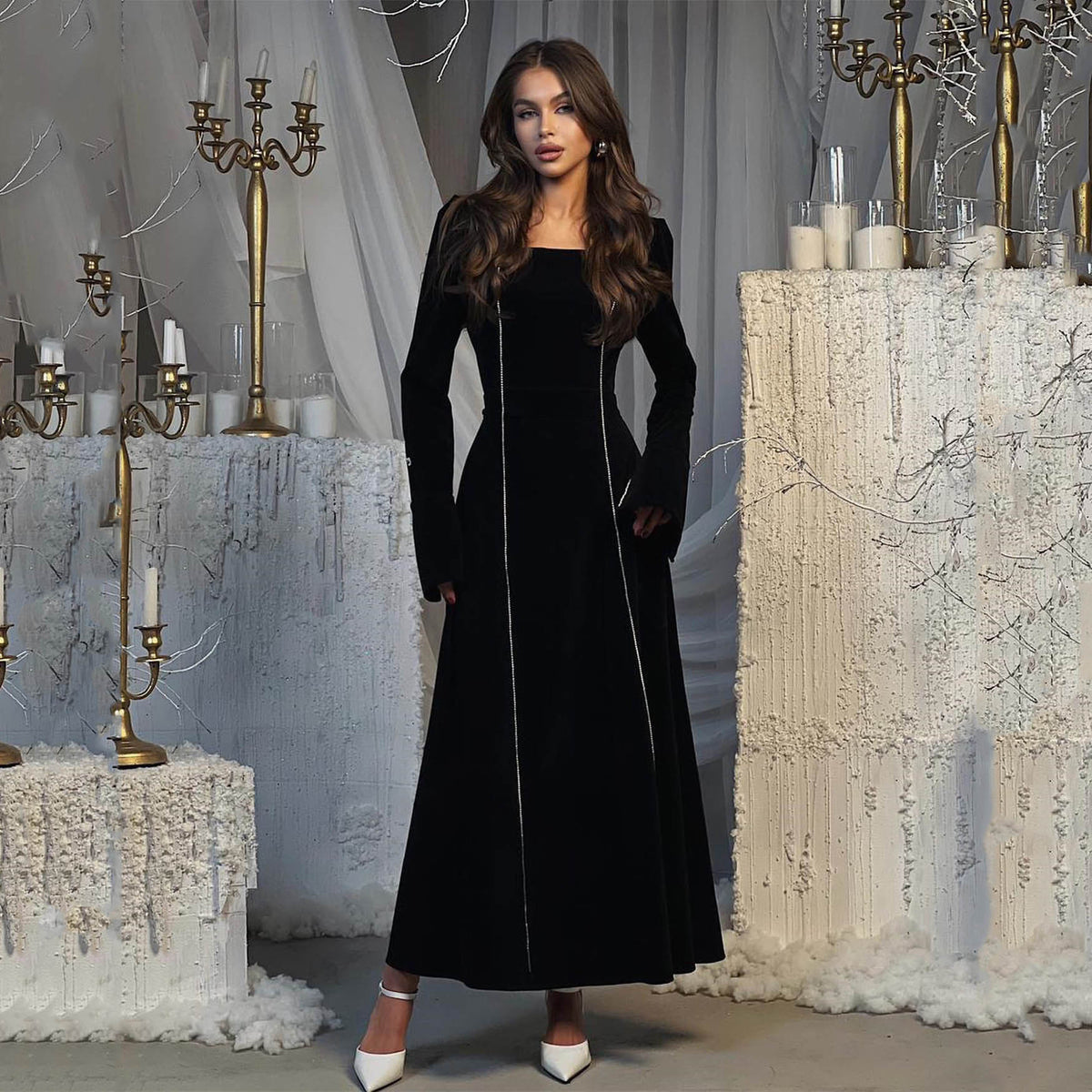 Women's Belted Velvet Square-Neck Maxi Dress