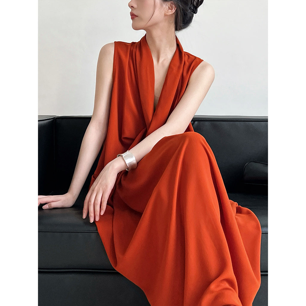 Elegant V-Neck Sleeveless Twisted Waist Dress Irregular Asymmetric Hong Kong Long