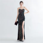 Women's Strapless Sequin Boned Split Evening Dress