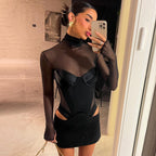Mesh Patchwork Turtleneck Slim Cutout Cut Hip