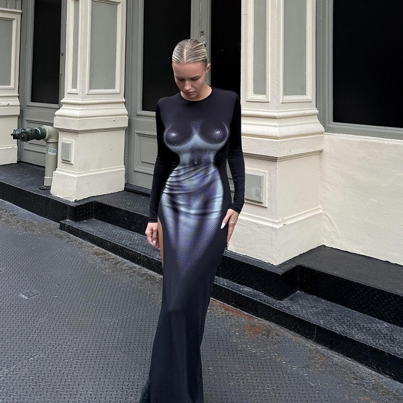 3D Body-Print Long-Sleeve Sheath Dress