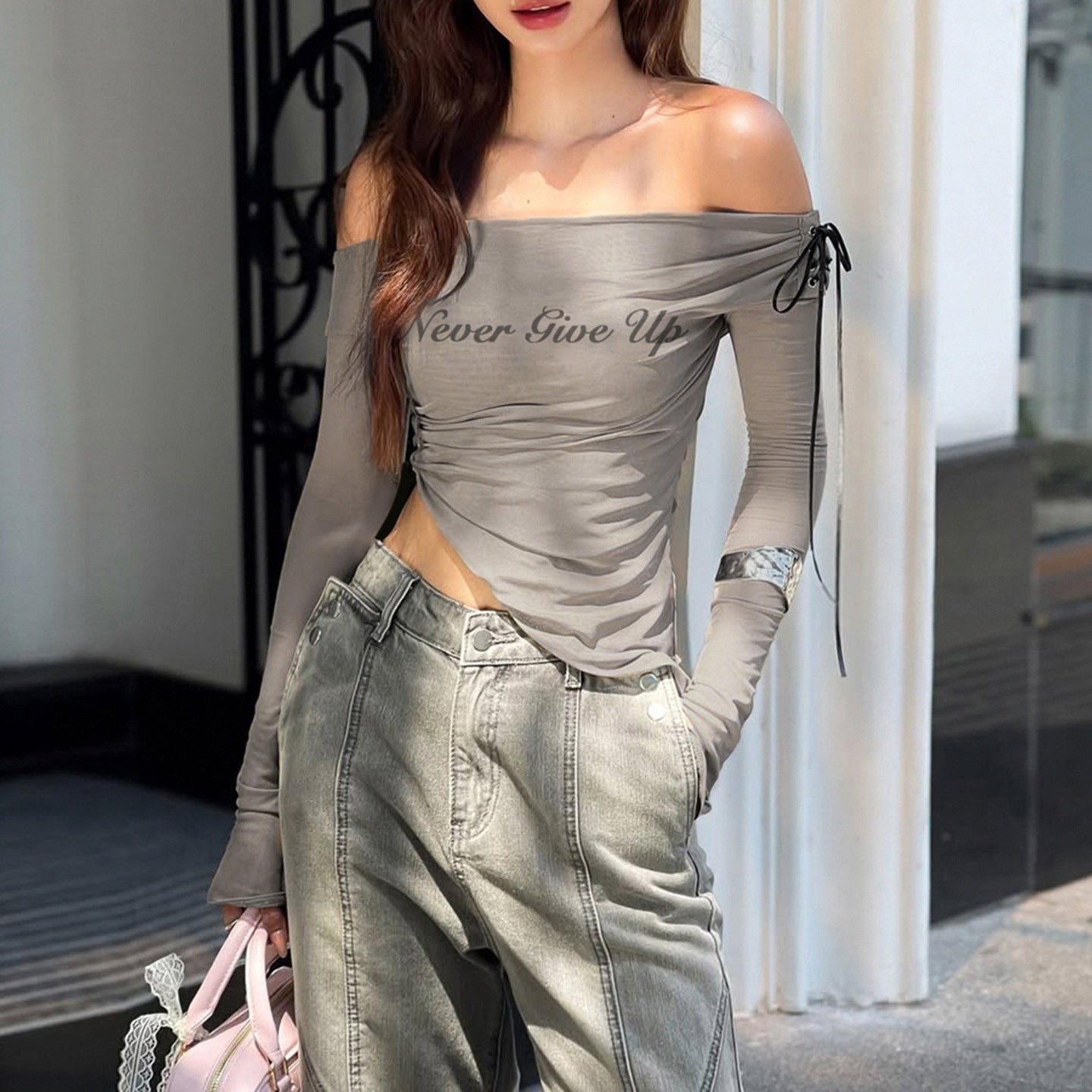 Printed Mesh Off-Shoulder Long Sleeve Top