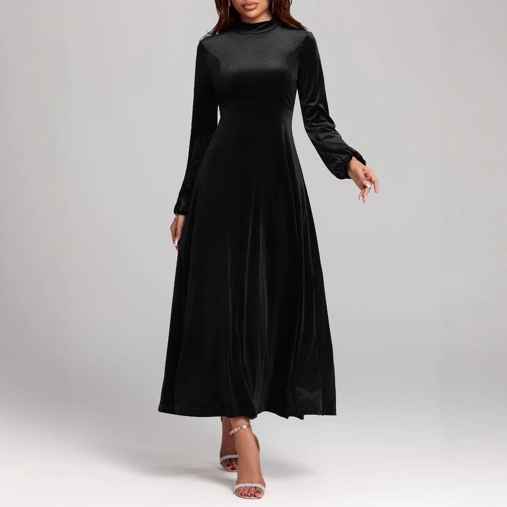 Women's Velvet Stand-Collar Long-Sleeve Maxi Dress