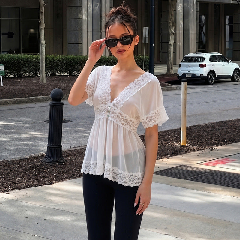 Women's Deep-V Lace Blouse