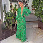 Women's Floral Print V-Neck Long-Sleeve Dress