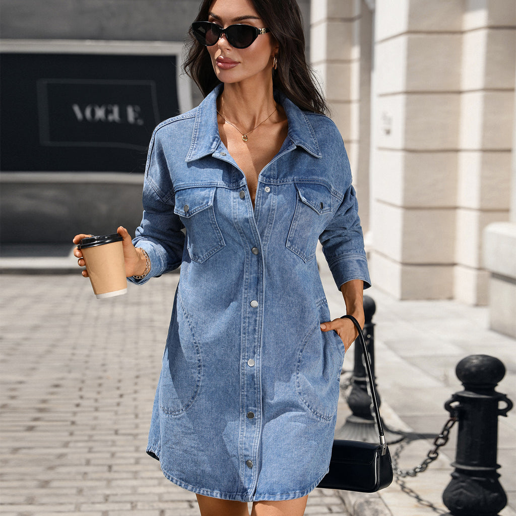 Women's Washed Collared Pocket Denim Shirt For Women