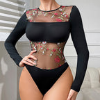 Sexy Mesh Transparent Embroidered Floral One Piece Long Sleeve Top All Match Jumpsuit
