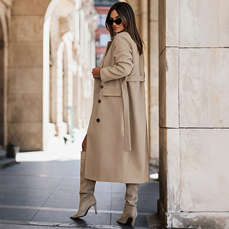 Women's Extra-Long Double-Breasted Wool-Look Coat