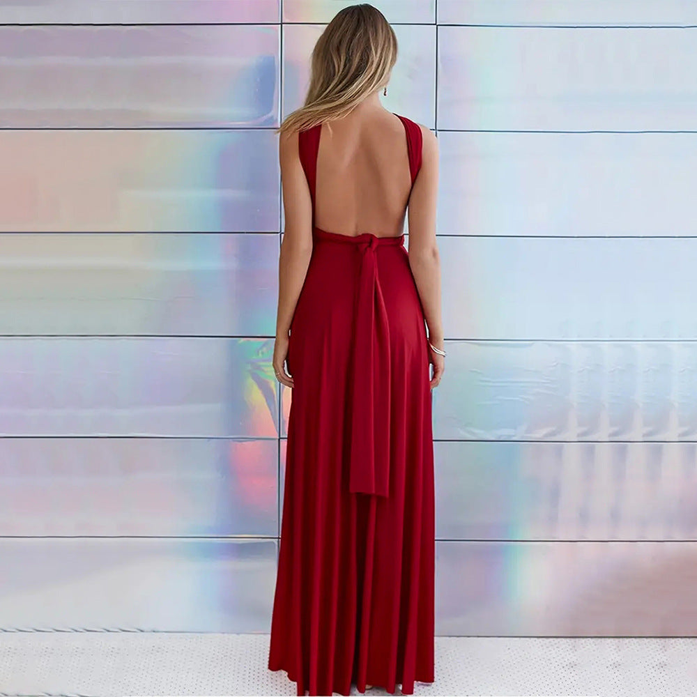 Women's Red Halter Tie Maxi Dress